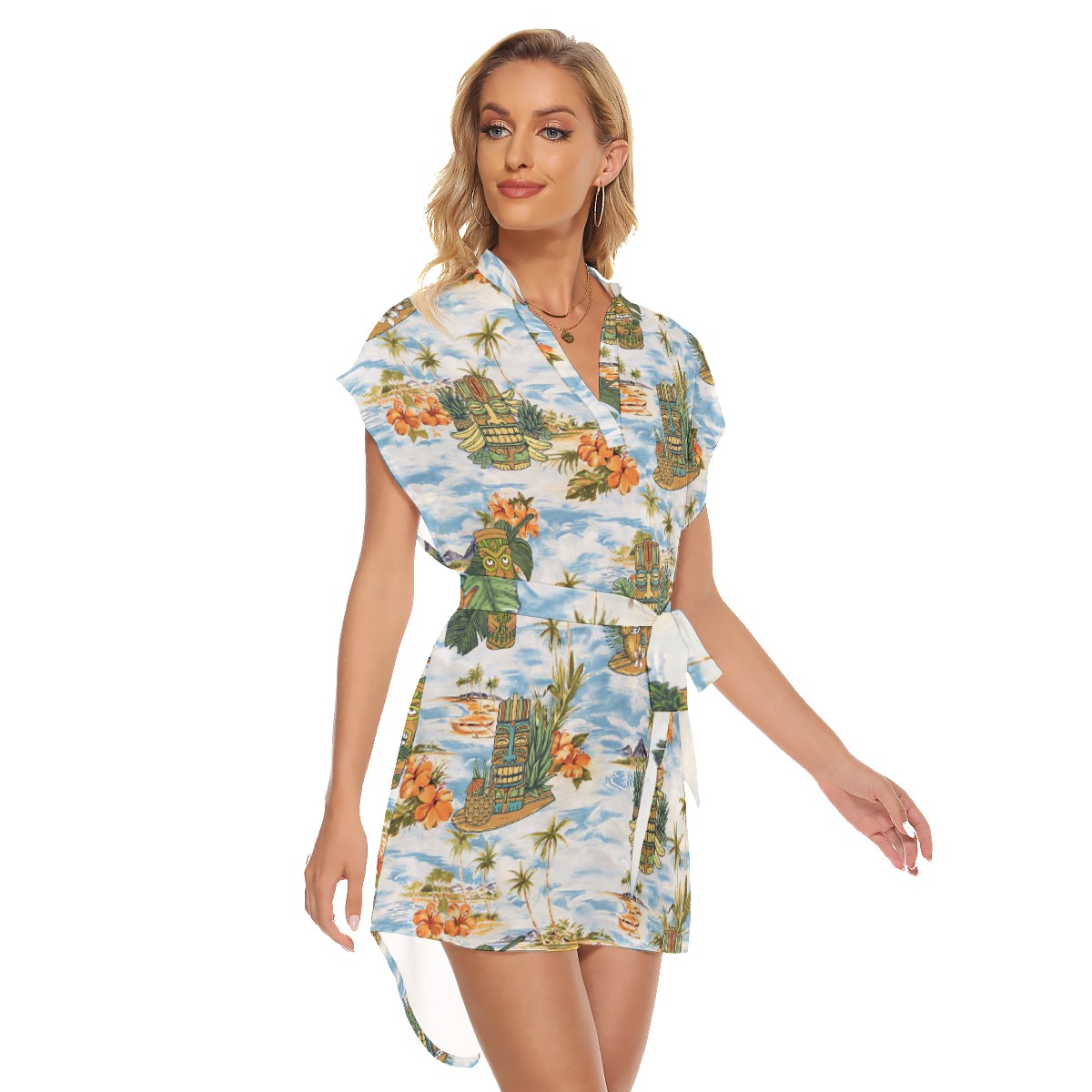 Tropical Tiki Blue Hawaiian Dress With Tie For Summer