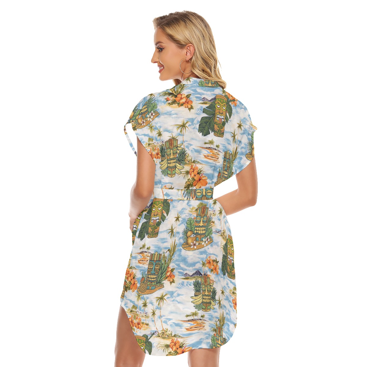 Tropical Tiki Blue Hawaiian Dress With Tie For Summer