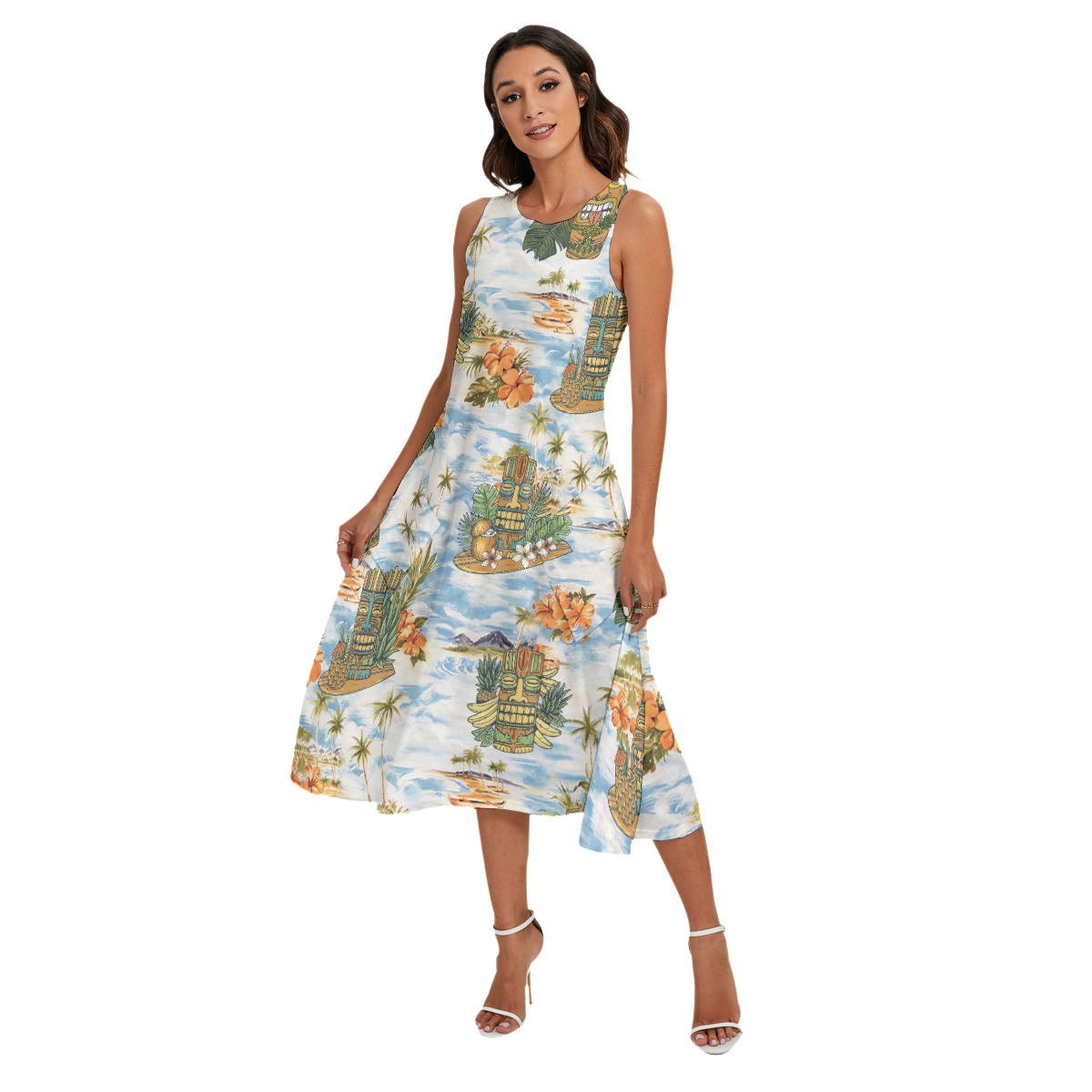 Tropical Tiki Blue Summer Hawaiian Long Dress For Women