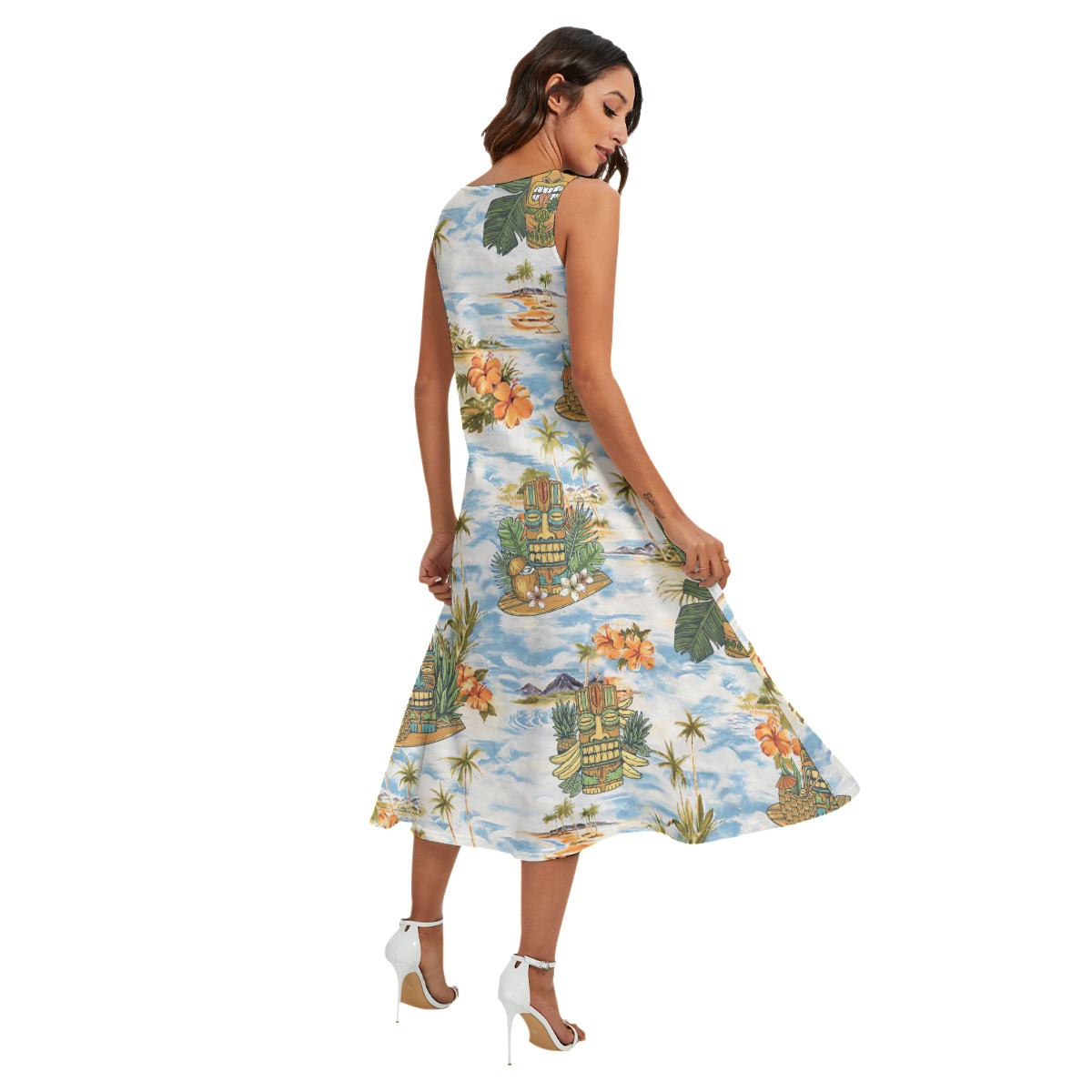 Tropical Tiki Blue Summer Hawaiian Long Dress For Women