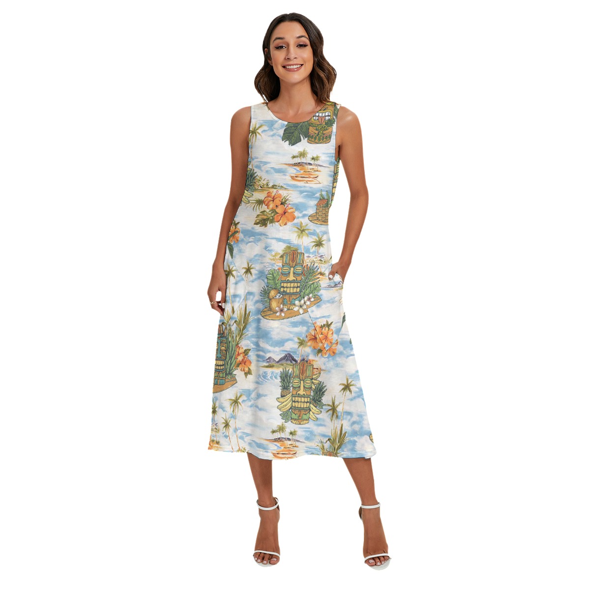 Tropical Tiki Blue Summer Hawaiian Long Dress For Women