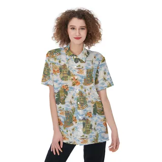 Tropical Tiki Blue Aloha Shirt For Women