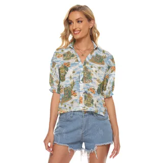 Tropical Tiki Blue Hawaiian Cropped Shirt For Summer