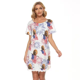 Patriotic Custom Dog Face Hawaiian Lace Dress For Women