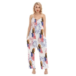 Patriotic Custom Pet Face Hawaiian Loose Cami Jumpsuit