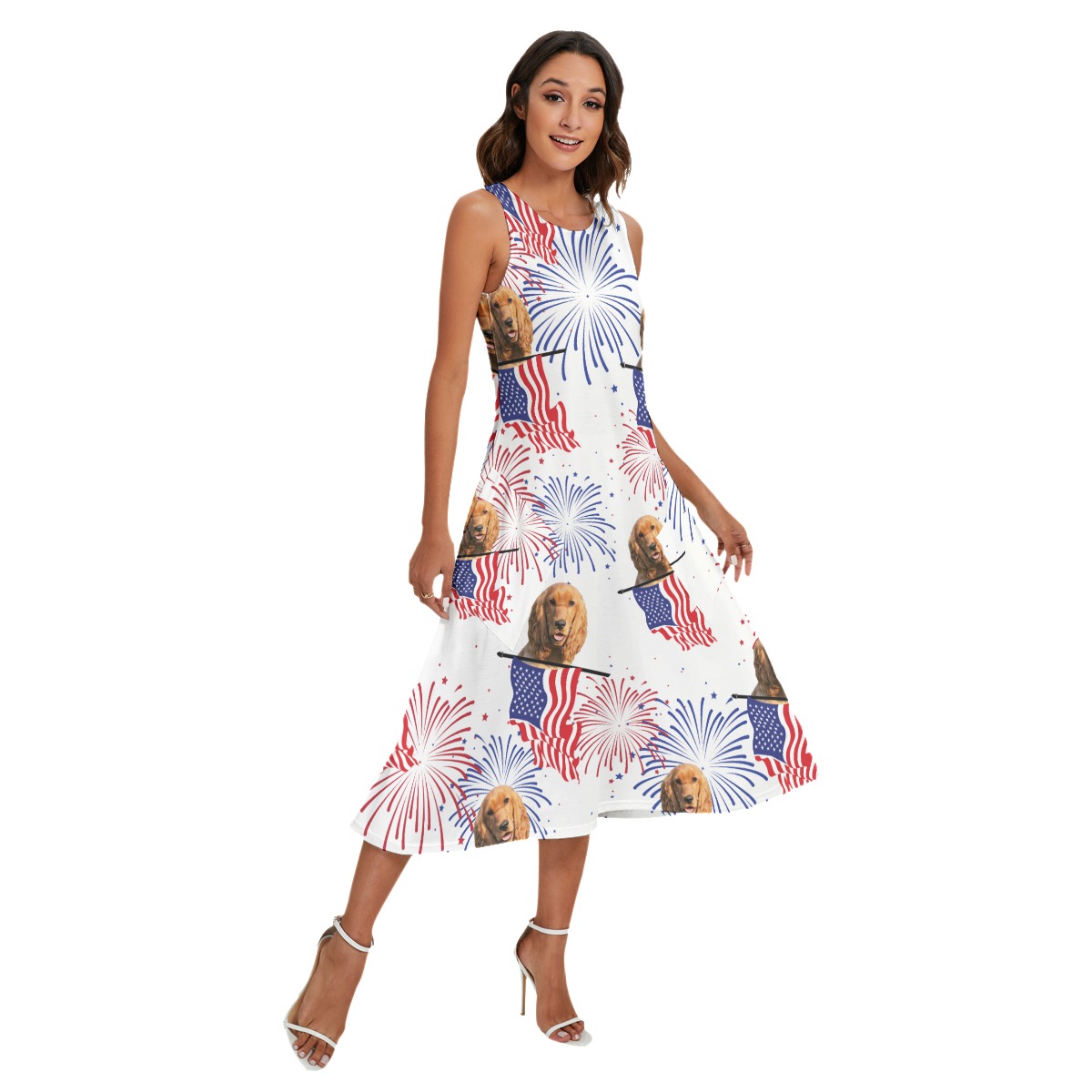 Funny Custom Dog Face Patriotic Hawaiian Long Dress With Pocket - variant image 1