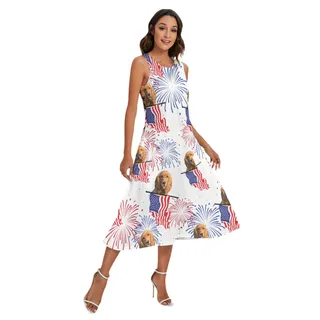 Funny Custom Dog Face Patriotic Hawaiian Long Dress With Pocket