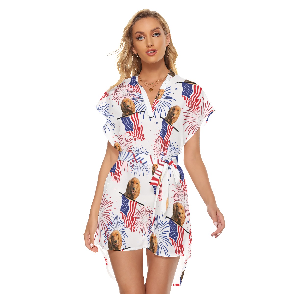 Funny Custom Dog Face Patriotic Hawaiian Dress With Belt - variant image 1