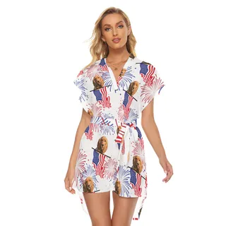 Funny Custom Dog Face Patriotic Hawaiian Dress With Belt