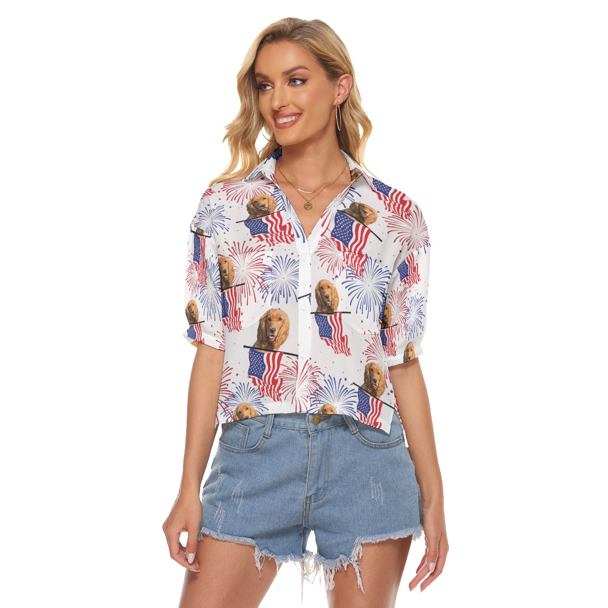 Custom Pet Face Patriotic Hawaiian Cropped Shirt - variant image 1