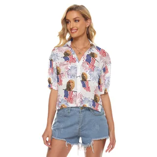 Custom Pet Face Patriotic Hawaiian Cropped Shirt