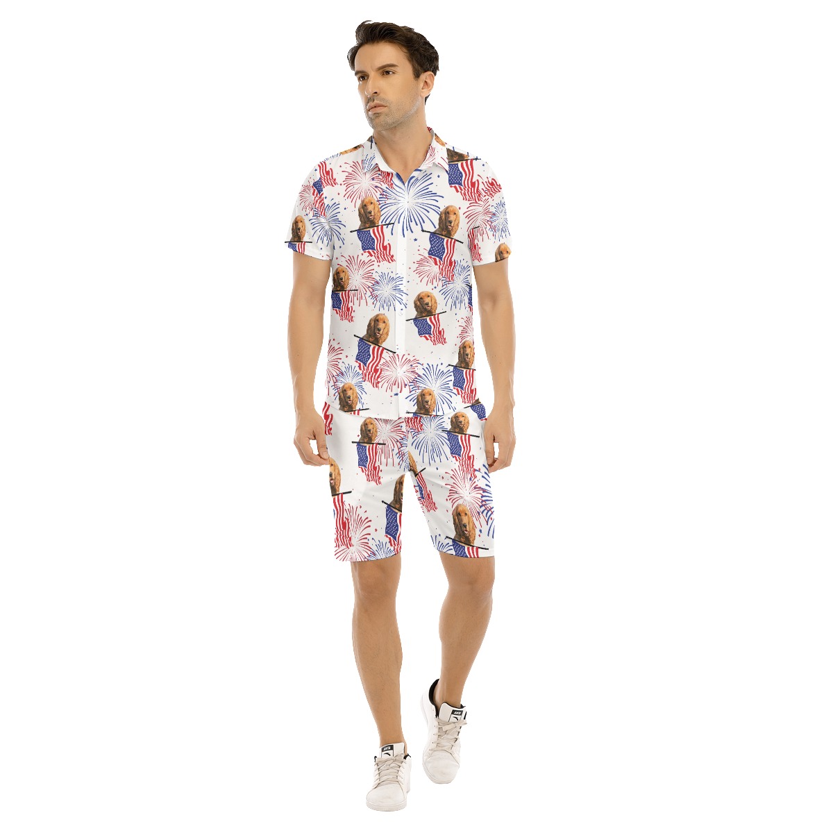 Set Custom Dog Face Patriotic Hawaiian Shirt And Shorts For Men - variant image 1
