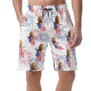Cute Custom Dog Face Patriotic Hawaiian Beach Shorts For Men