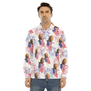 Funny Custom Dog Face Patriotic Hawaiian Long Sleeve Shirt