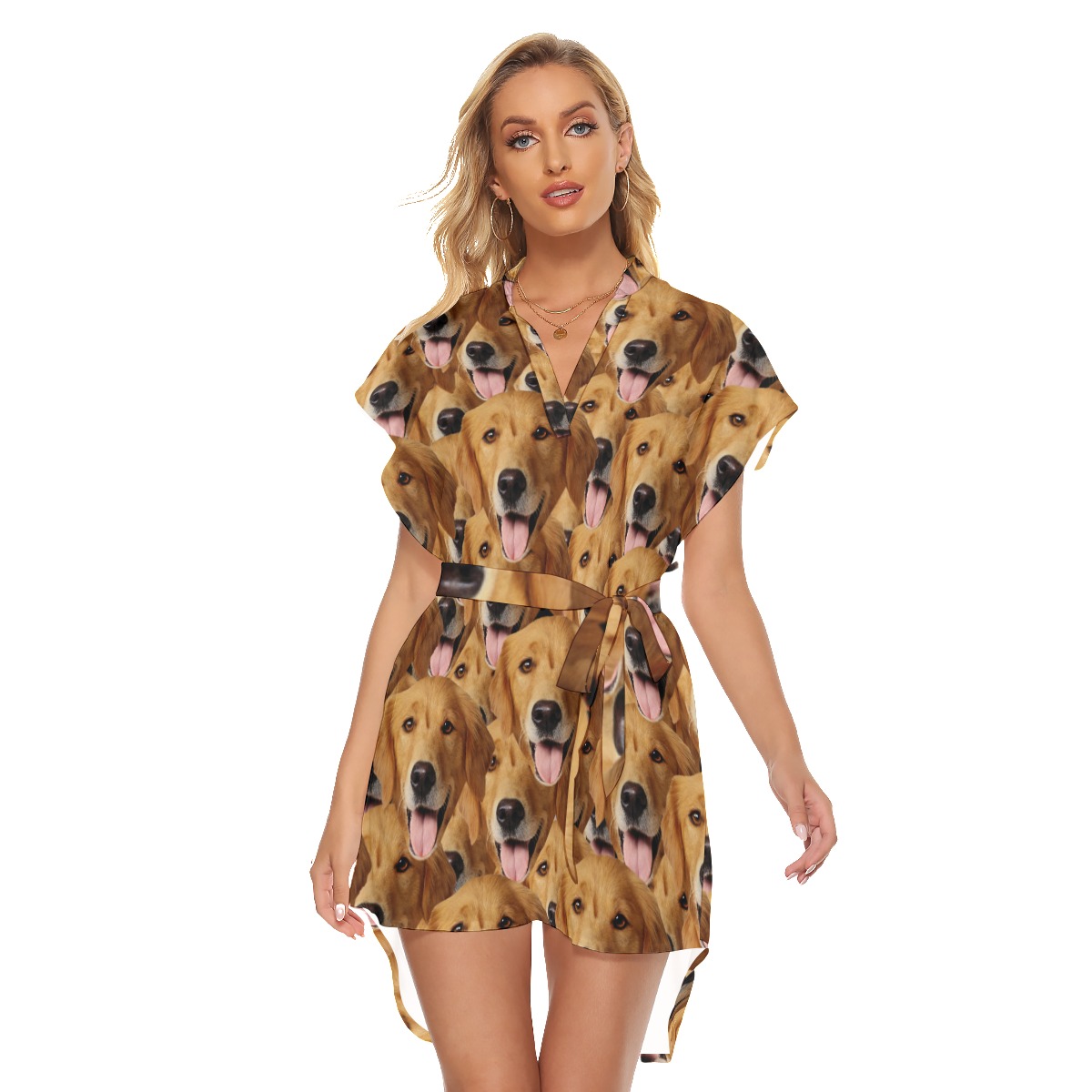 Multi Dog Face Women's Dress With Belt - variant image 1
