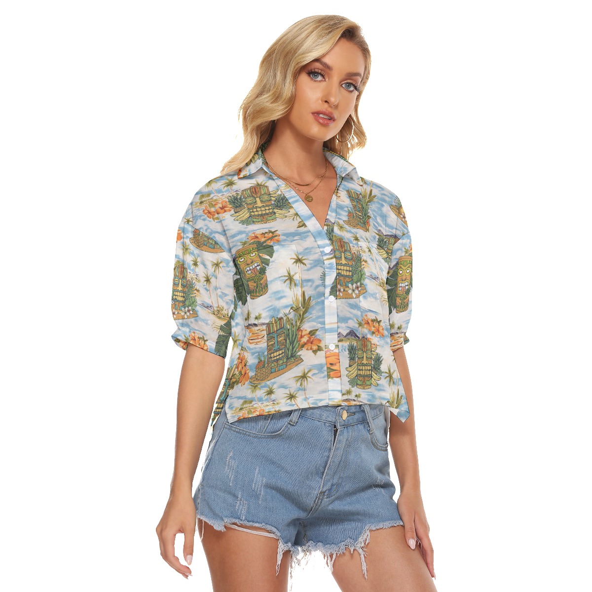Tropical Tiki Blue Hawaiian Cropped Shirt For Summer