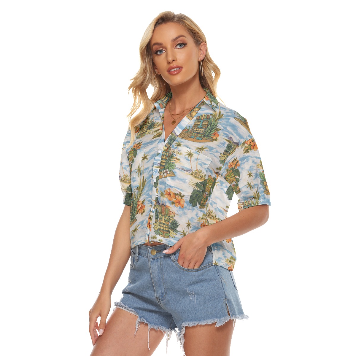 Tropical Tiki Blue Hawaiian Cropped Shirt For Summer