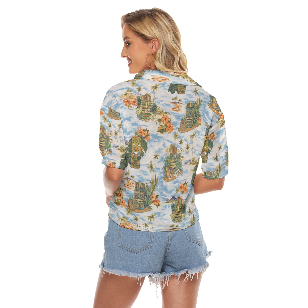 Tropical Tiki Blue Hawaiian Cropped Shirt For Summer