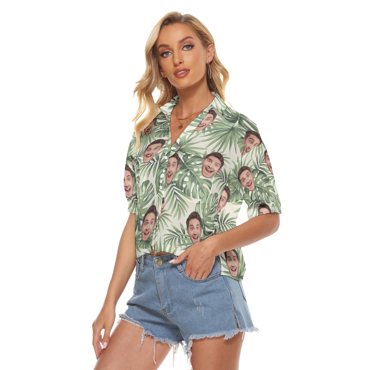 Custom Sports Team Name White Cropped Hawaiian Shirt For Women