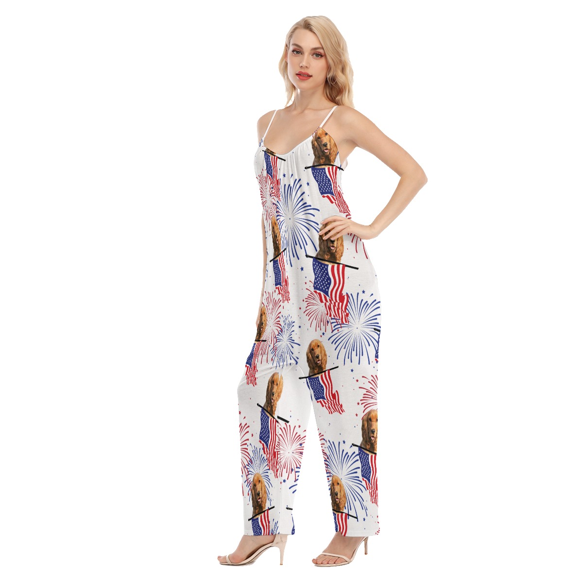Patriotic Custom Pet Face Hawaiian Loose Cami Jumpsuit