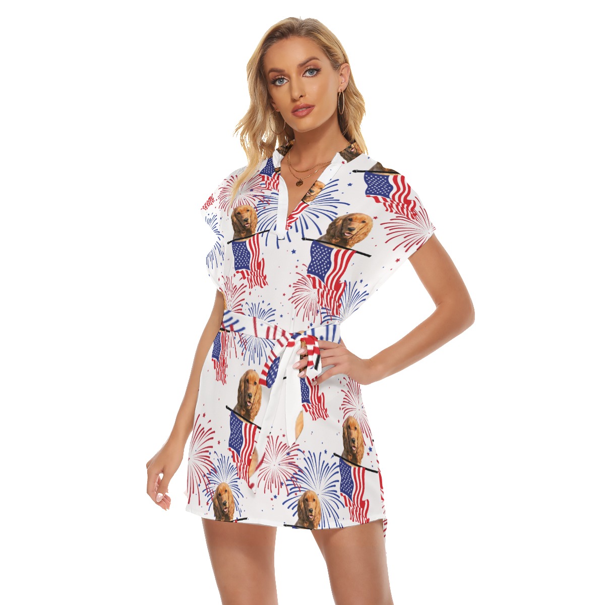 Funny Custom Dog Face Patriotic Hawaiian Dress With Belt