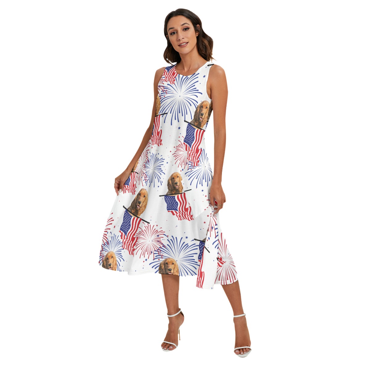 Funny Custom Dog Face Patriotic Hawaiian Long Dress With Pocket