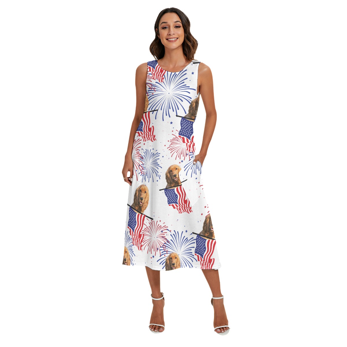 Funny Custom Dog Face Patriotic Hawaiian Long Dress With Pocket