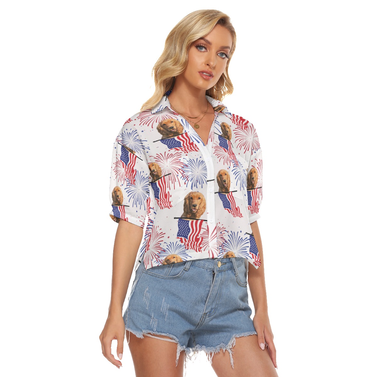 Custom Pet Face Patriotic Hawaiian Cropped Shirt