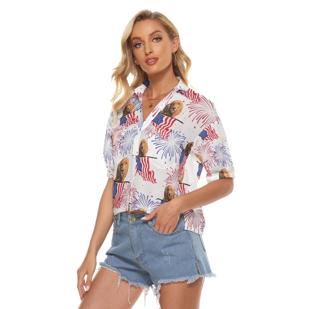 Custom Pet Face Patriotic Hawaiian Cropped Shirt