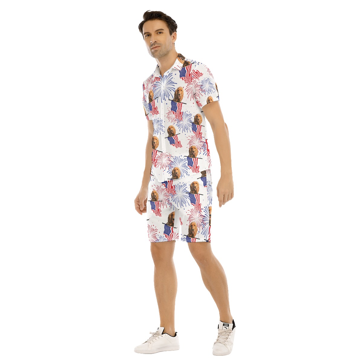 Set Custom Dog Face Patriotic Hawaiian Shirt And Shorts For Men