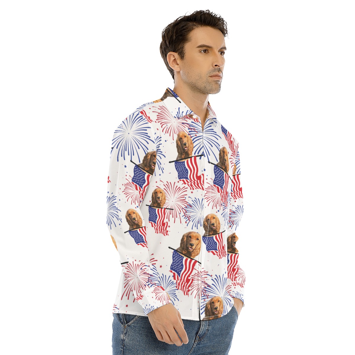 Funny Custom Dog Face Patriotic Hawaiian Long Sleeve Shirt