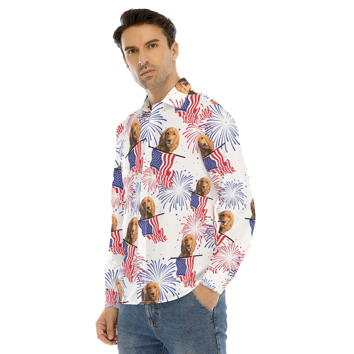 Funny Custom Dog Face Patriotic Hawaiian Long Sleeve Shirt