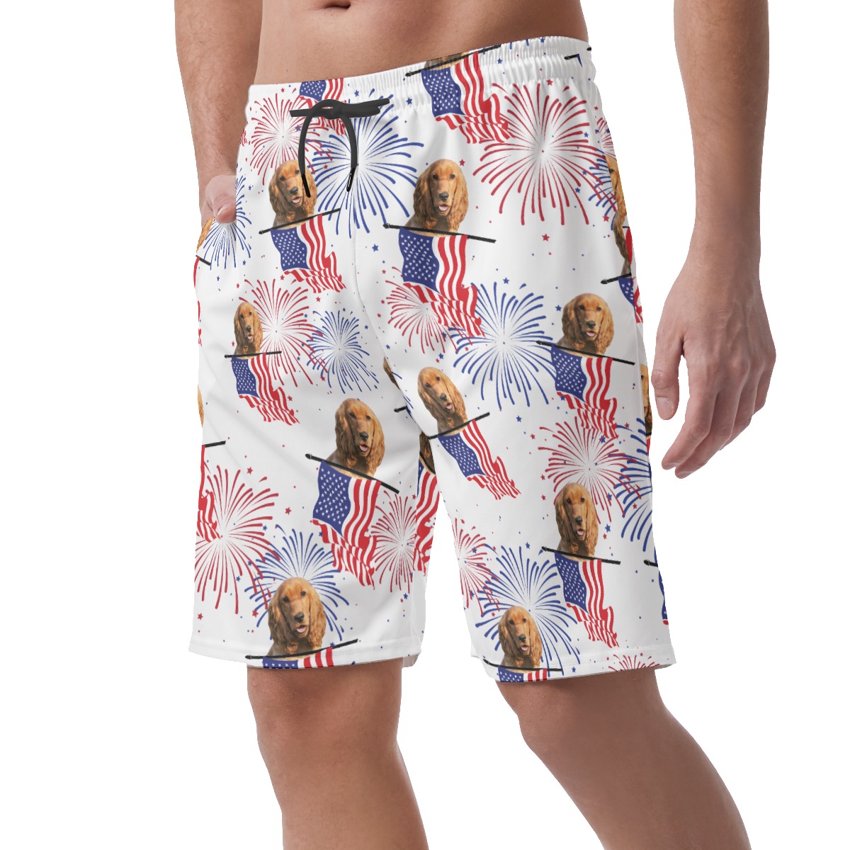 Cute Custom Dog Face Patriotic Hawaiian Beach Shorts For Men