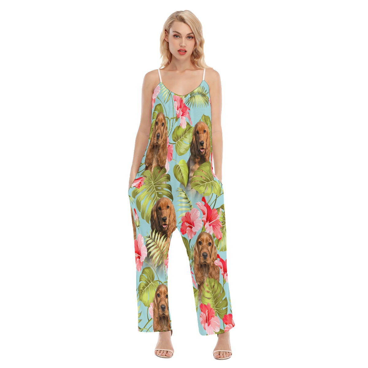 Custom Dog Face Floral Loose Women's Jumpsuit - variant image 1