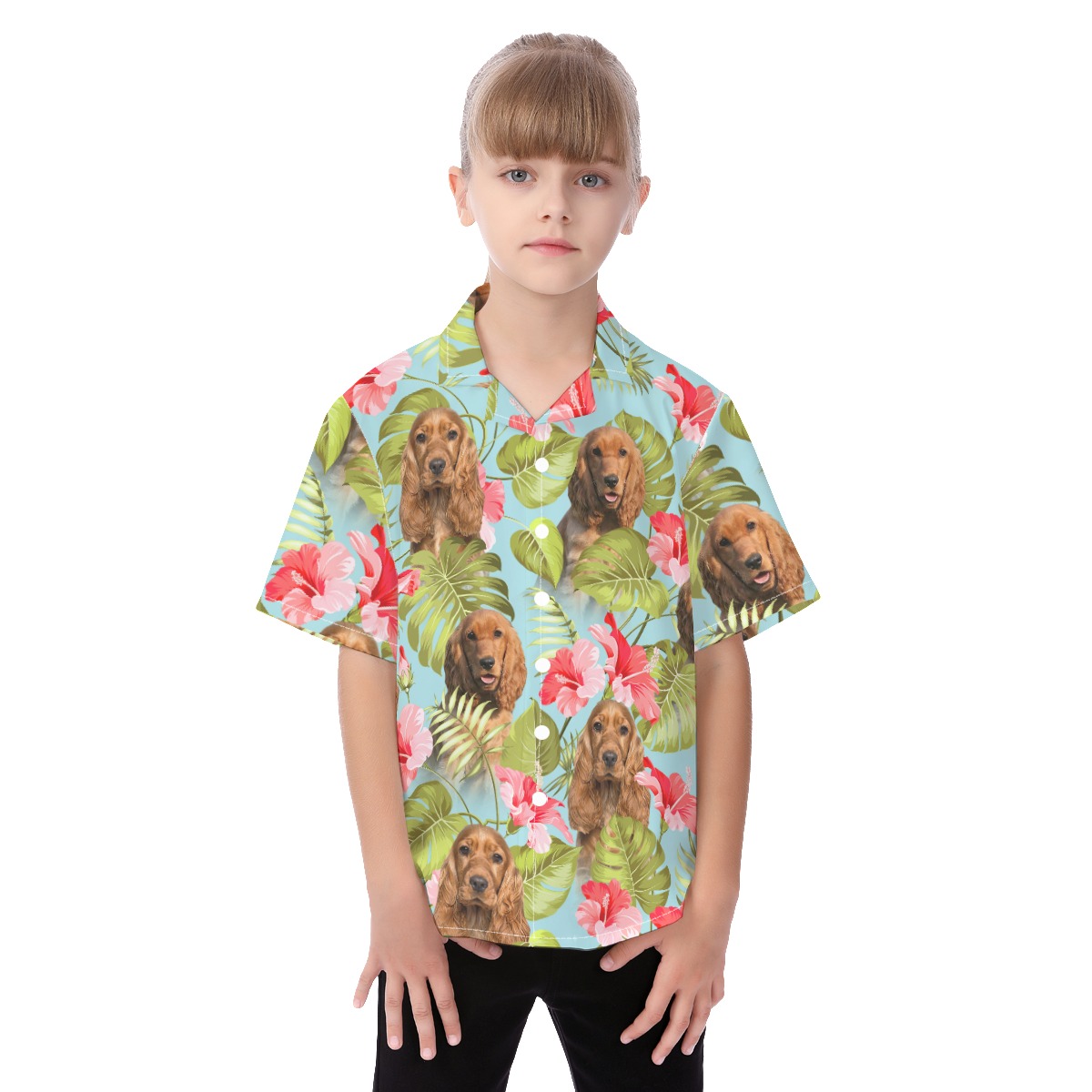 Blue Kid's Hawaiian Shirt With Dog Face - variant image 1
