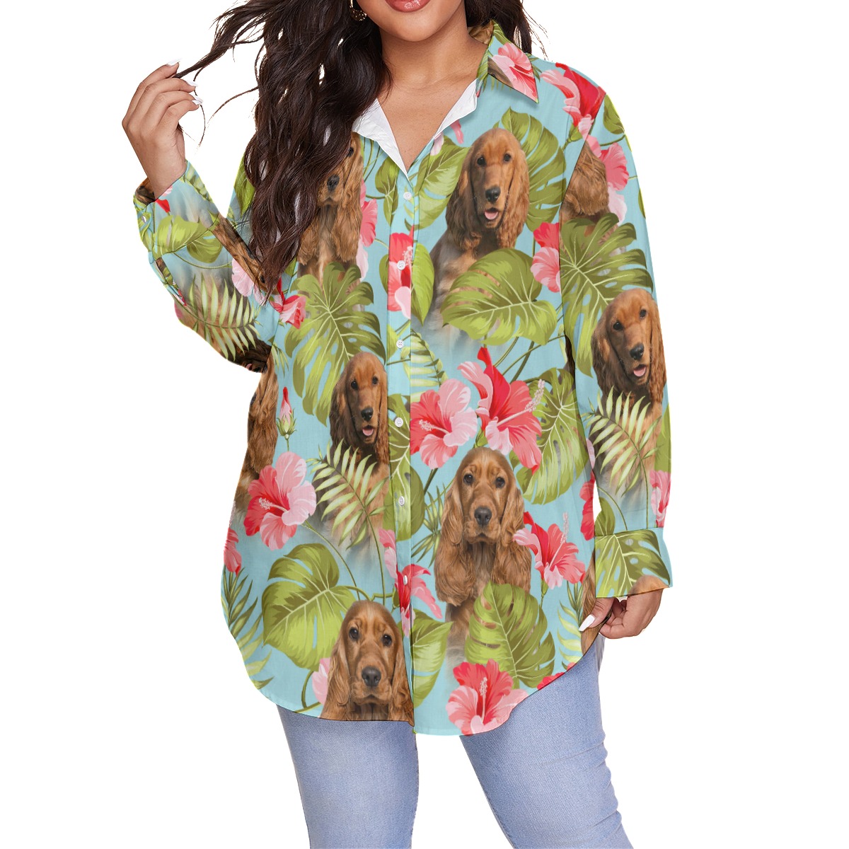 Tropical Custom Dog Face Long Sleeve Hawaiian Shirt Plus Size - variant image 1