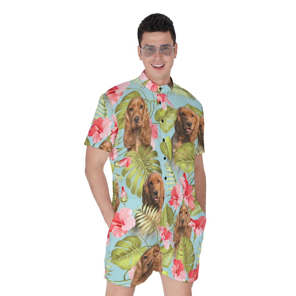 Custom Dog Face Blue Hawaiian Romper For Men - variant image 1