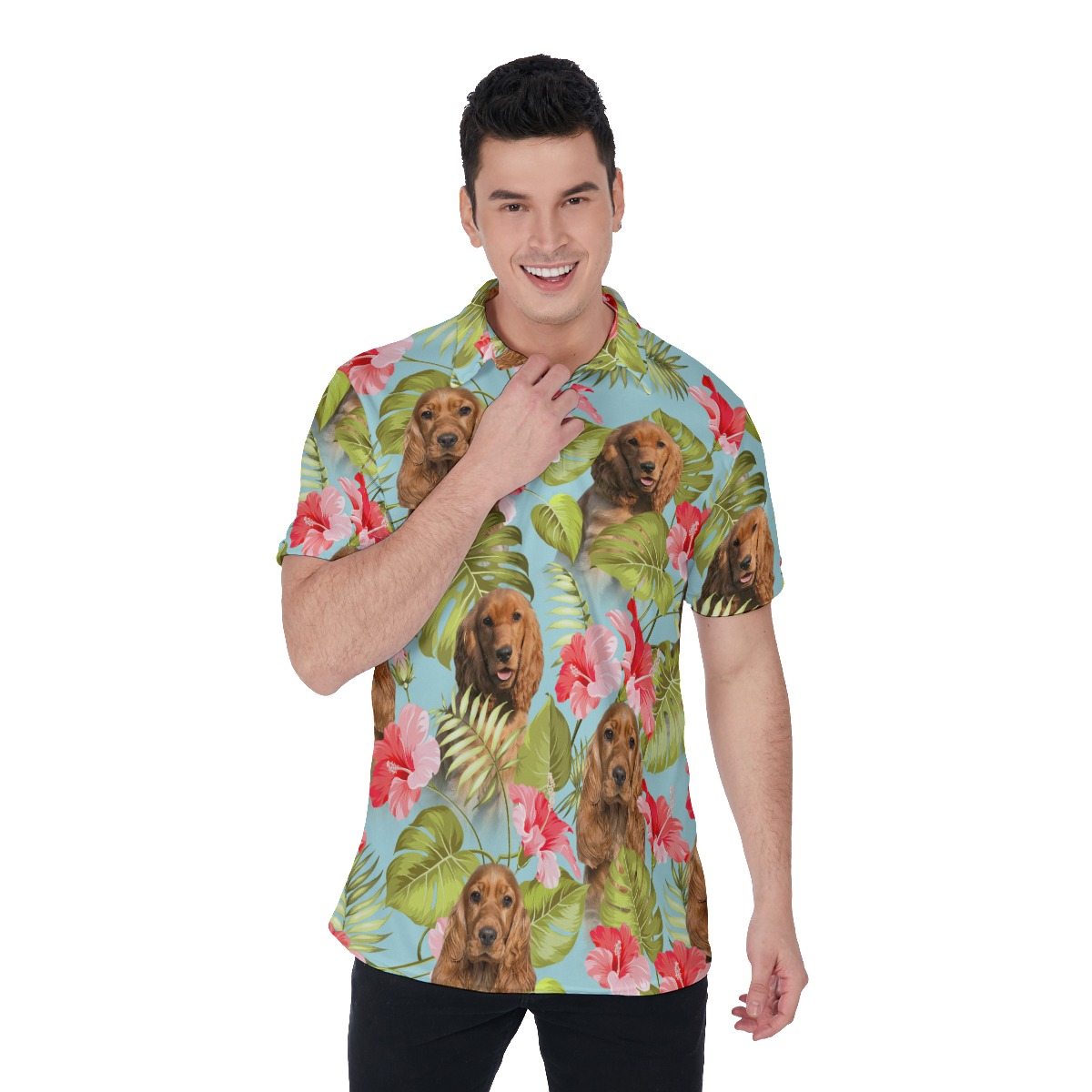 Blue Men's Hawaiian Shirt With Custom Dog Face - variant image 1
