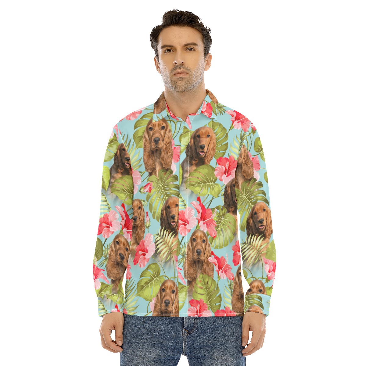 Blue Long Sleeve Hawaiian Shirt With Custom Dog Face - variant image 1
