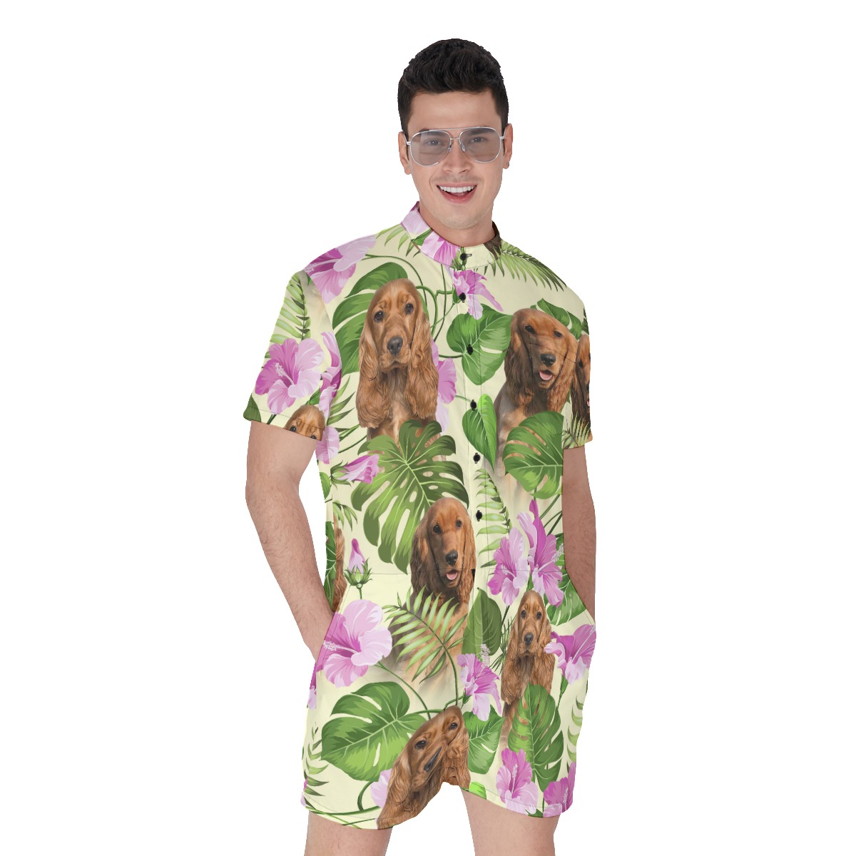 Vintage Floral Men's Hawaiian Romper With Custom Dog Face - variant image 1