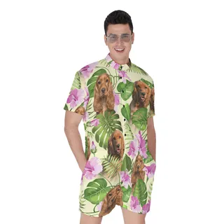 Vintage Floral Men's Hawaiian Romper With Custom Dog Face