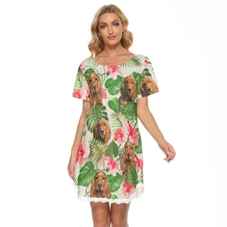 Custom Dog Face Tropical Dress With Lace Edge