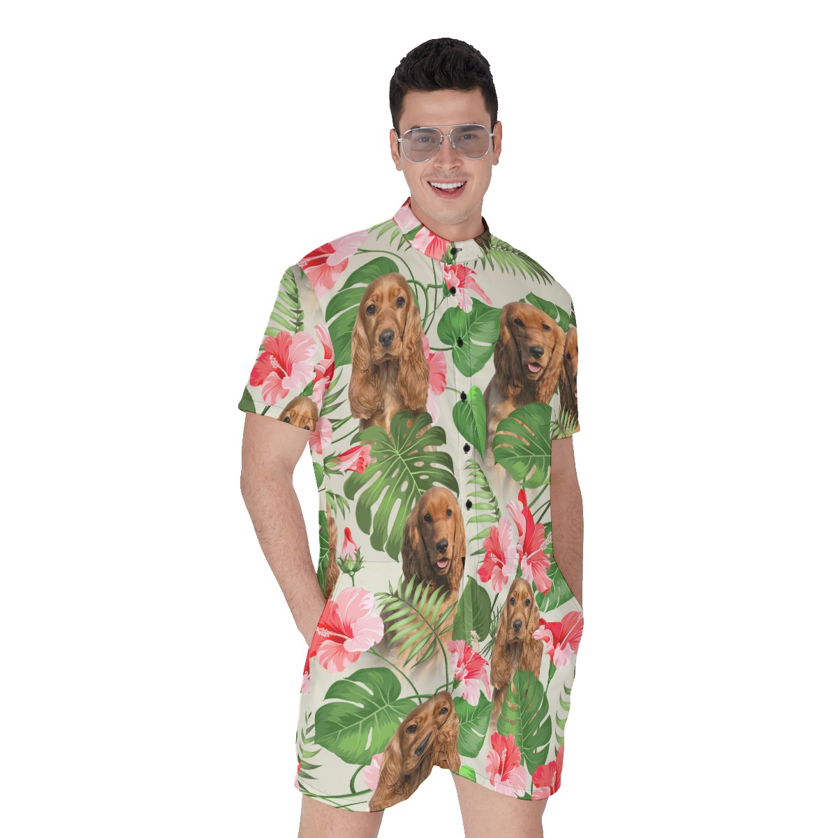 Tropical Floral Men's Hawaiian Romper With Dog Face - variant image 1