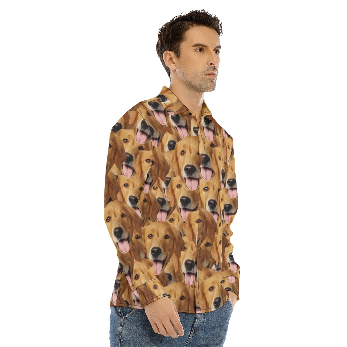 Custom Dog Face Long Sleeve Hawaiian Shirt For Men