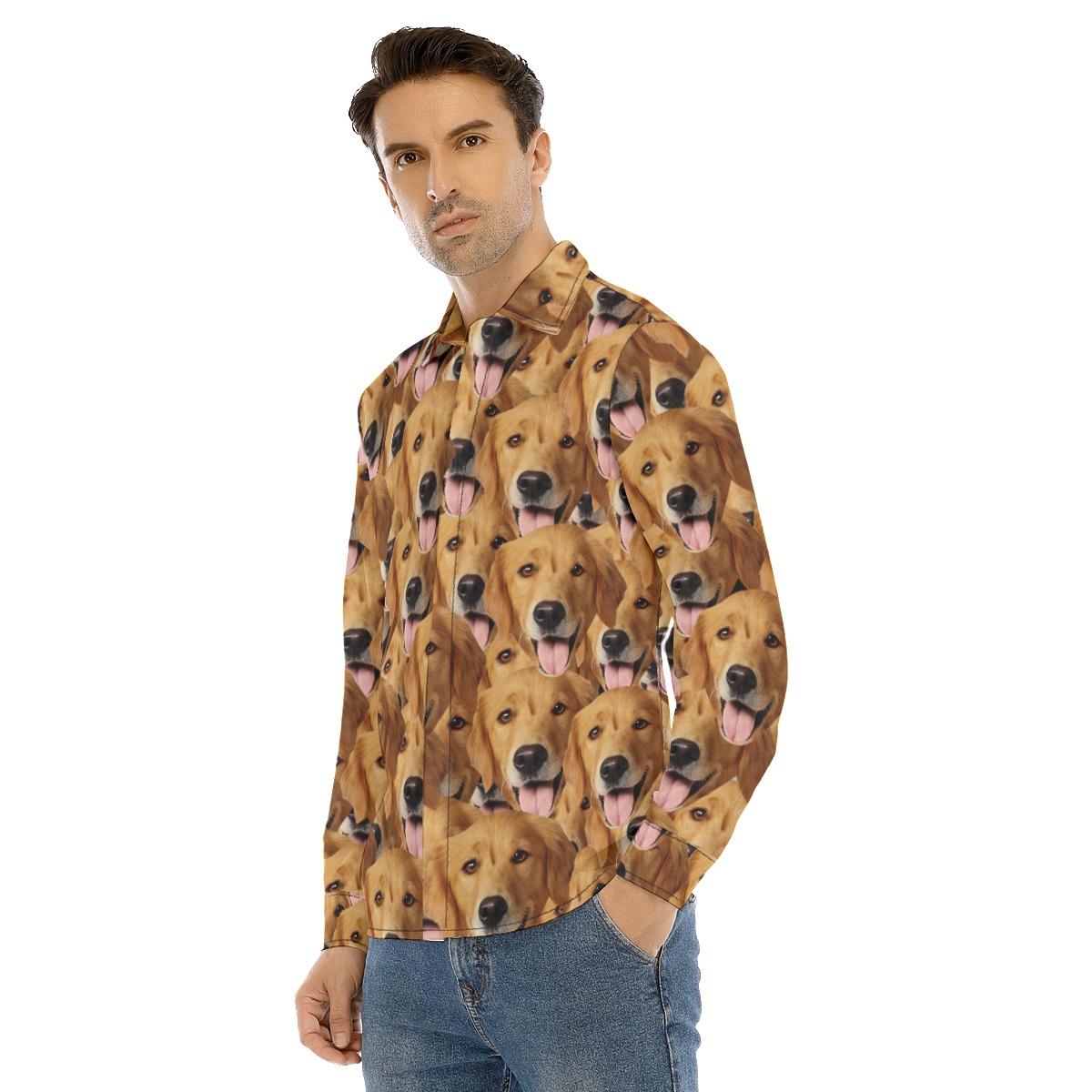 Custom Dog Face Long Sleeve Hawaiian Shirt For Men