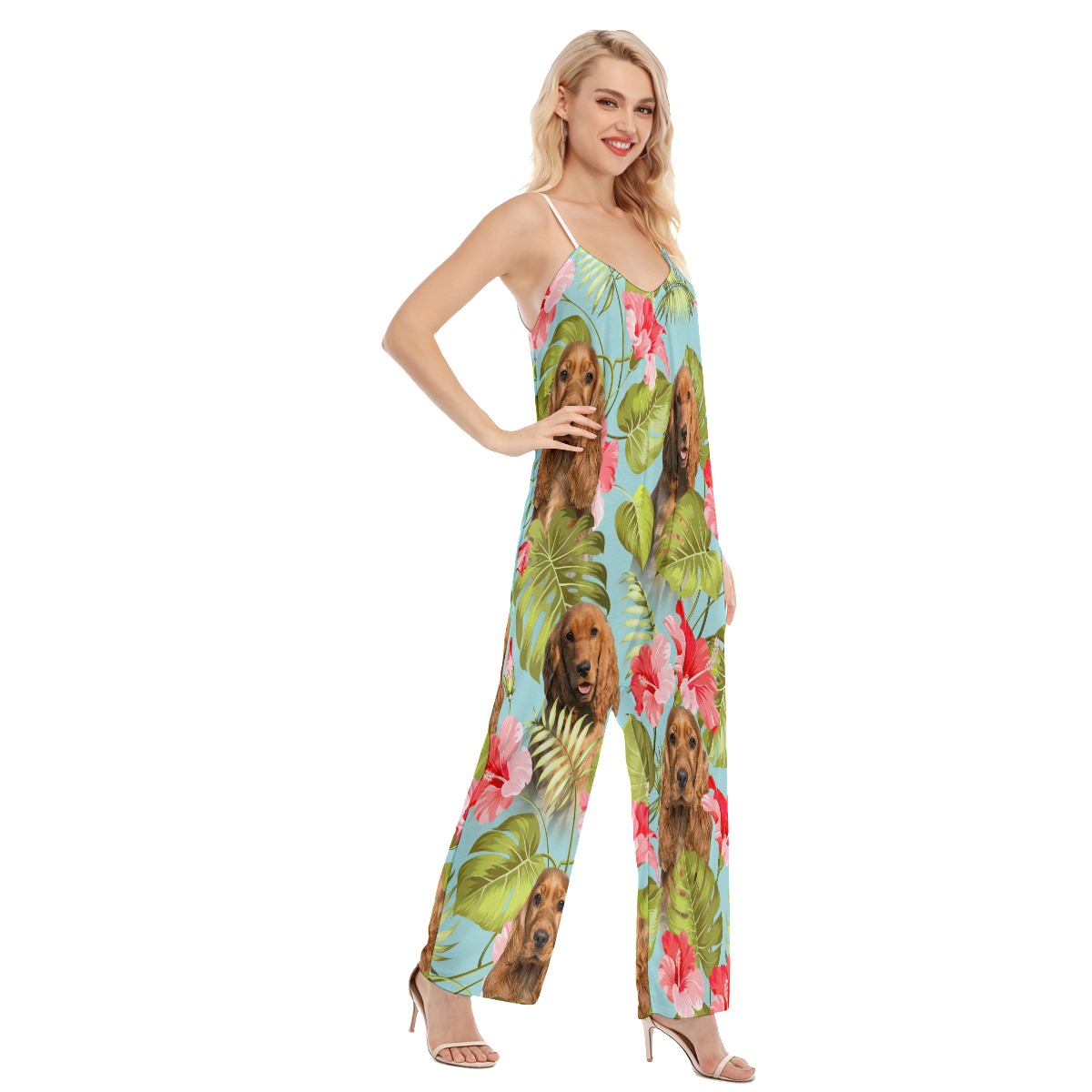 Custom Dog Face Floral Loose Women's Jumpsuit