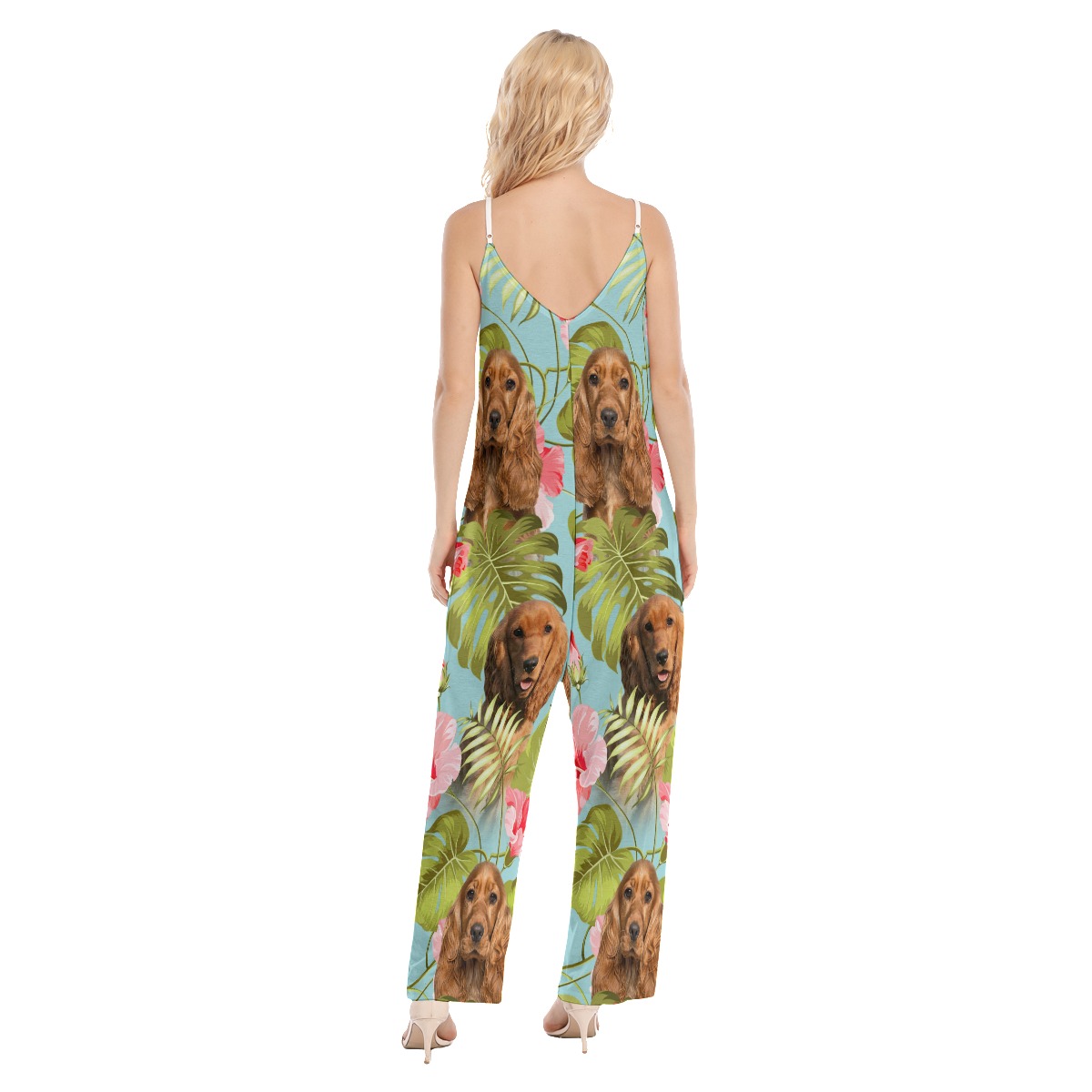 Custom Dog Face Floral Loose Women's Jumpsuit