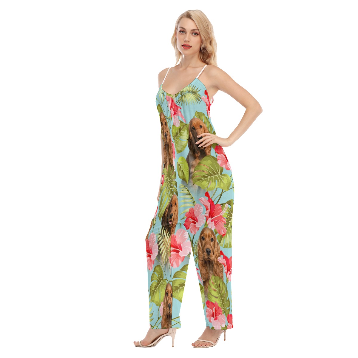 Custom Dog Face Floral Loose Women's Jumpsuit