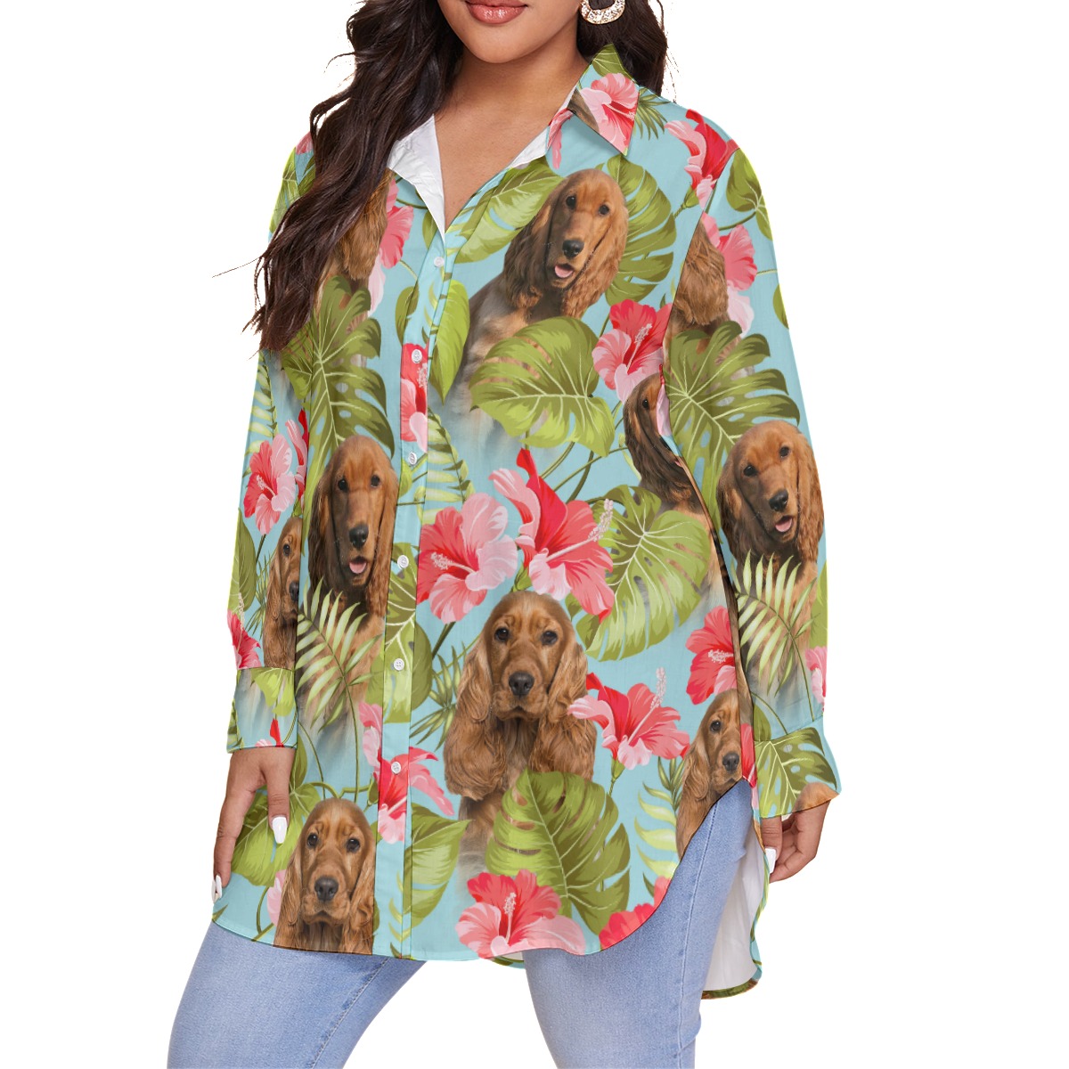 Tropical Custom Dog Face Long Sleeve Hawaiian Shirt Plus Size
