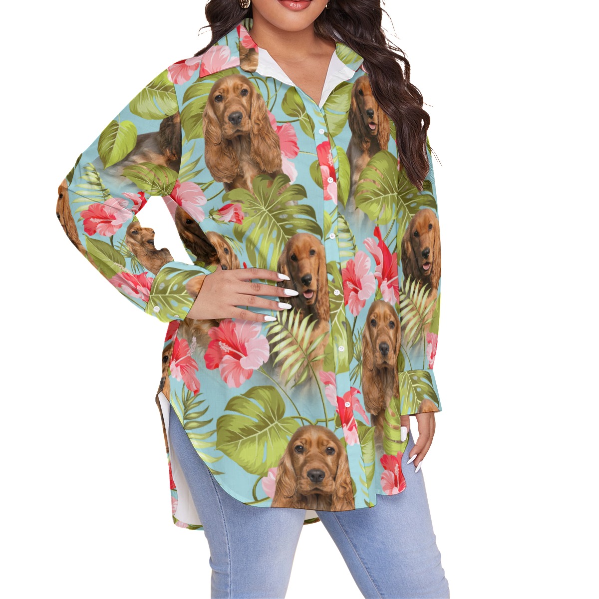 Tropical Custom Dog Face Long Sleeve Hawaiian Shirt Plus Size